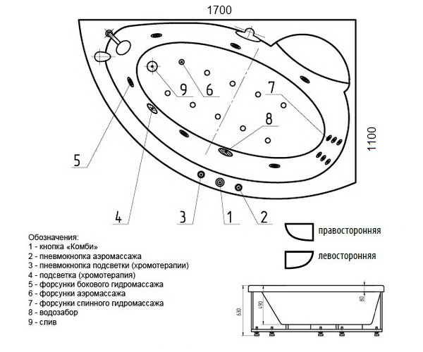 ванна акриловая AQUATEK АЯКС 170х110