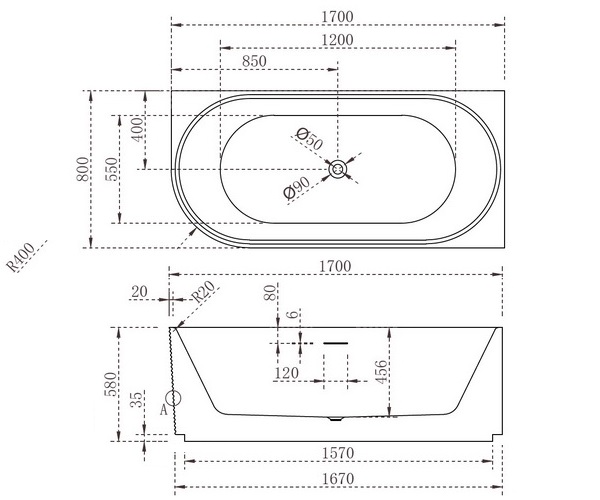 ванна акриловая ABBER AB9438-1.7 R 170х80