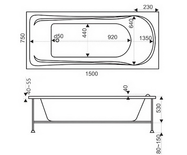 ванна акриловая BAS БРИЗ 150х75