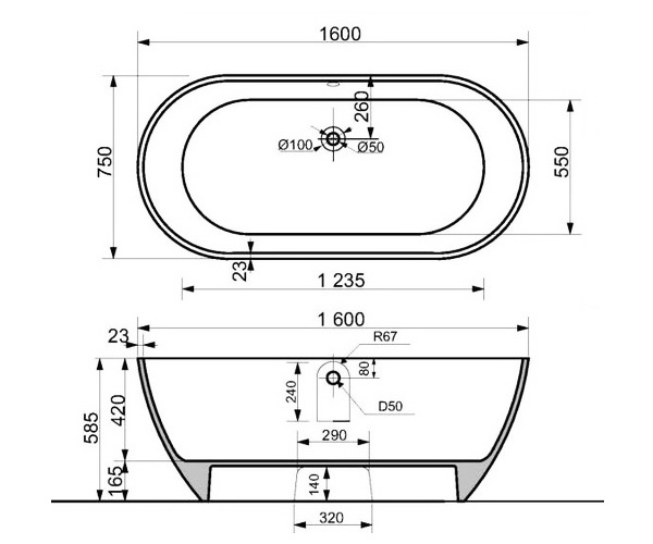 ванна из литьевого мрамора VECONI IMPERIA 160х75