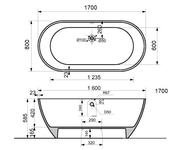 ванна из литьевого мрамора VECONI IMPERIA 170х80