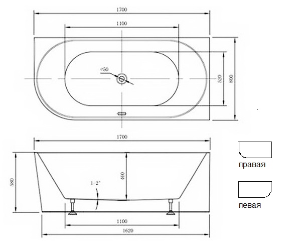 ванна акриловая VINCEA VBT-402-1700R 170х80