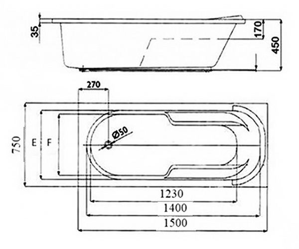 ванна акриловая VINCEA VBT-2A150-LG 150х75