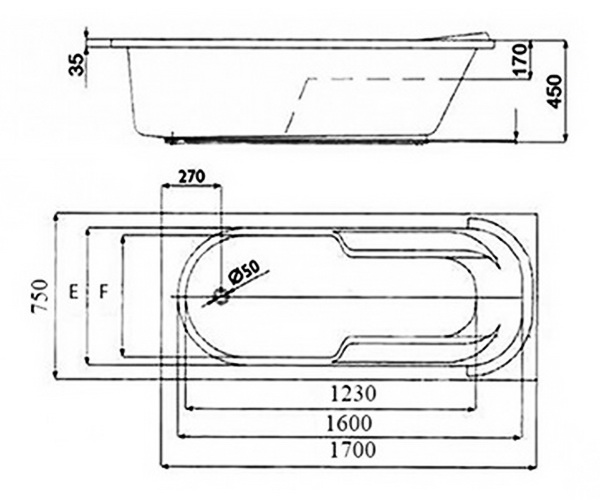ванна акриловая VINCEA VBT-2A170-LG 170х75