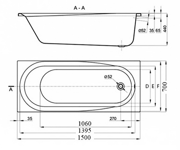 ванна акриловая VINCEA VBT-2B150-LG 150х70