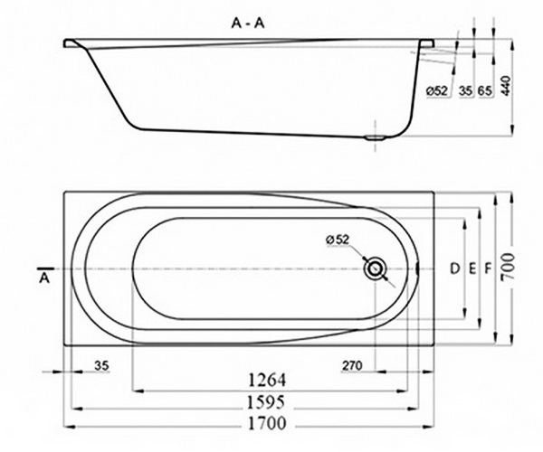 ванна акриловая VINCEA VBT-2B170-LG 170х70