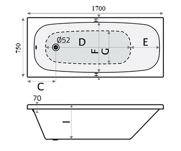 ванна акриловая VINCEA VBT-2S170-LG 170х75