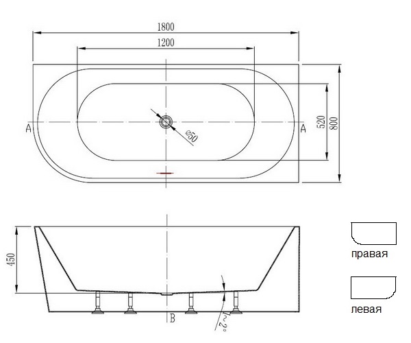 ванна акриловая VINCEA VBT-402-1800R 180х80